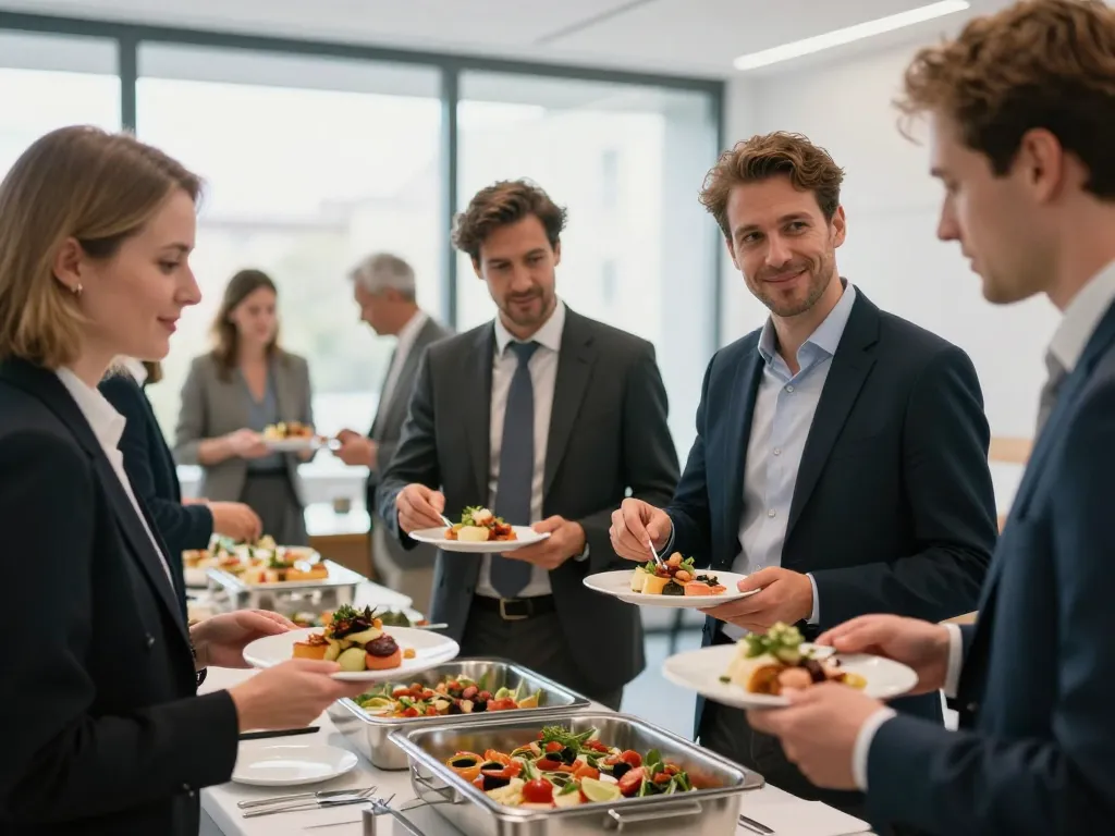 Professionnels européens partageant un buffet gastronomique lyonnais lors d'un séminaire d'entreprise convivial.