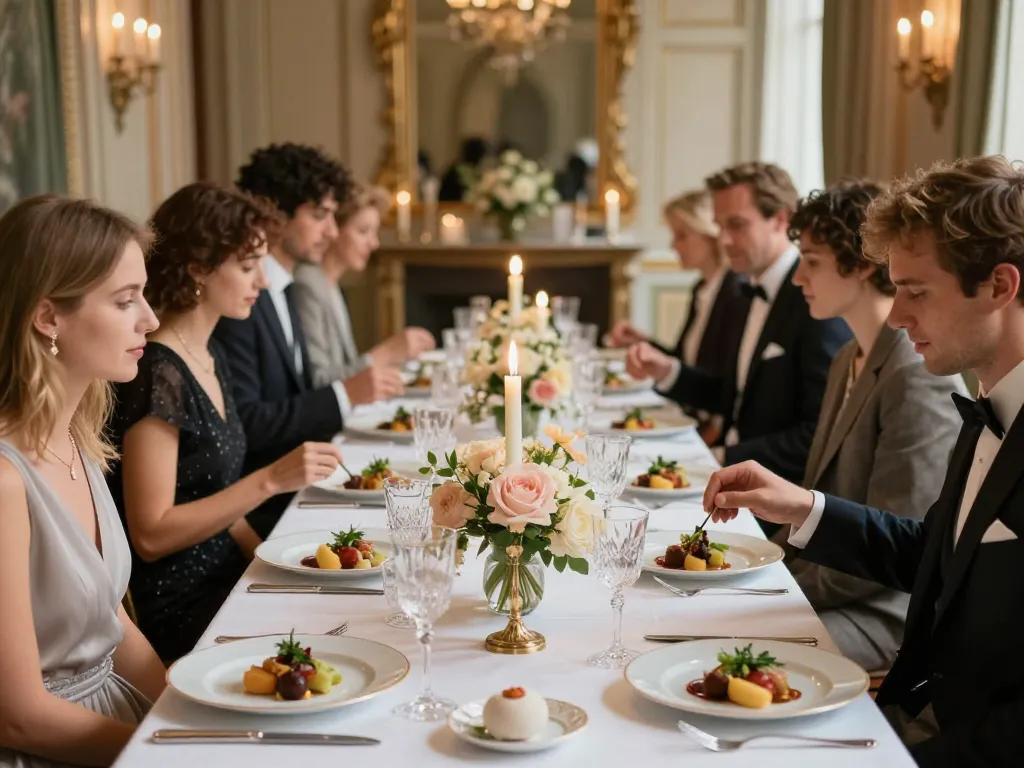 Table de banquet de mariage prestigieuse avec des invités élégants dégustant un repas gastronomique lyonnais dans un cadre luxueux.