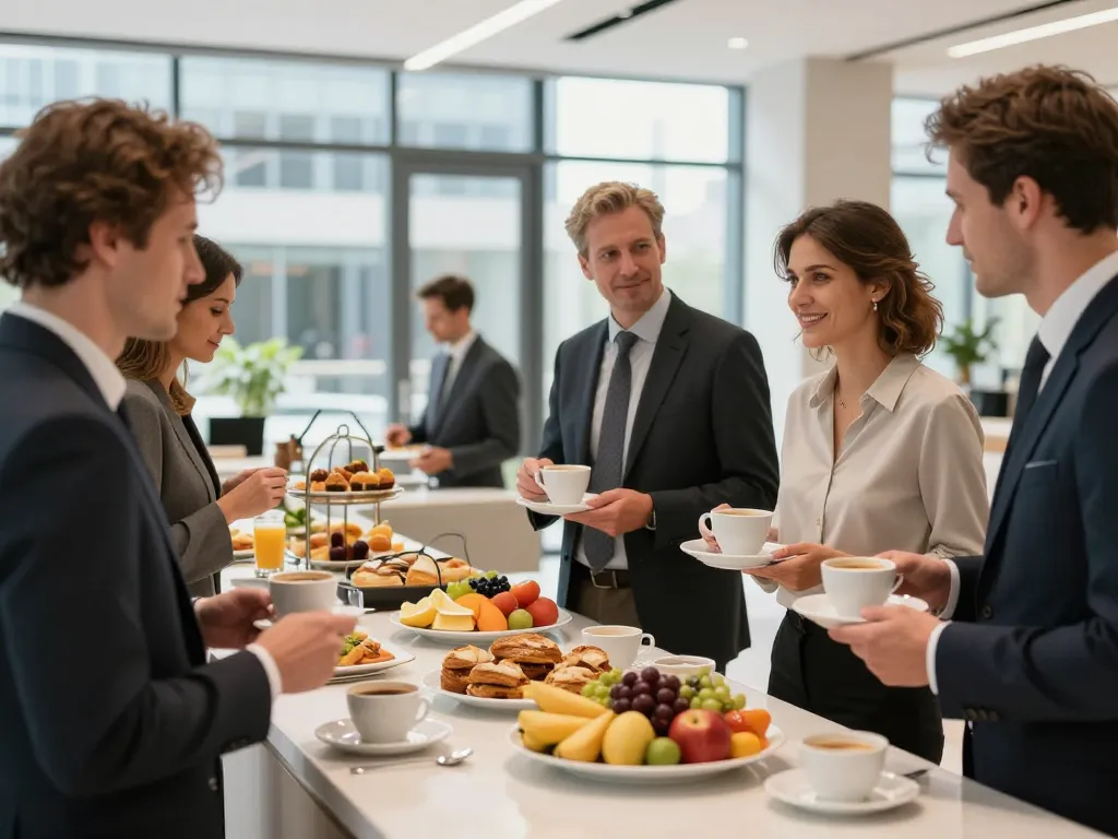Buffet de petit-déjeuner gastronomique pour événement d'entreprise à Lyon avec viennoiseries et professionnels caucasiens.