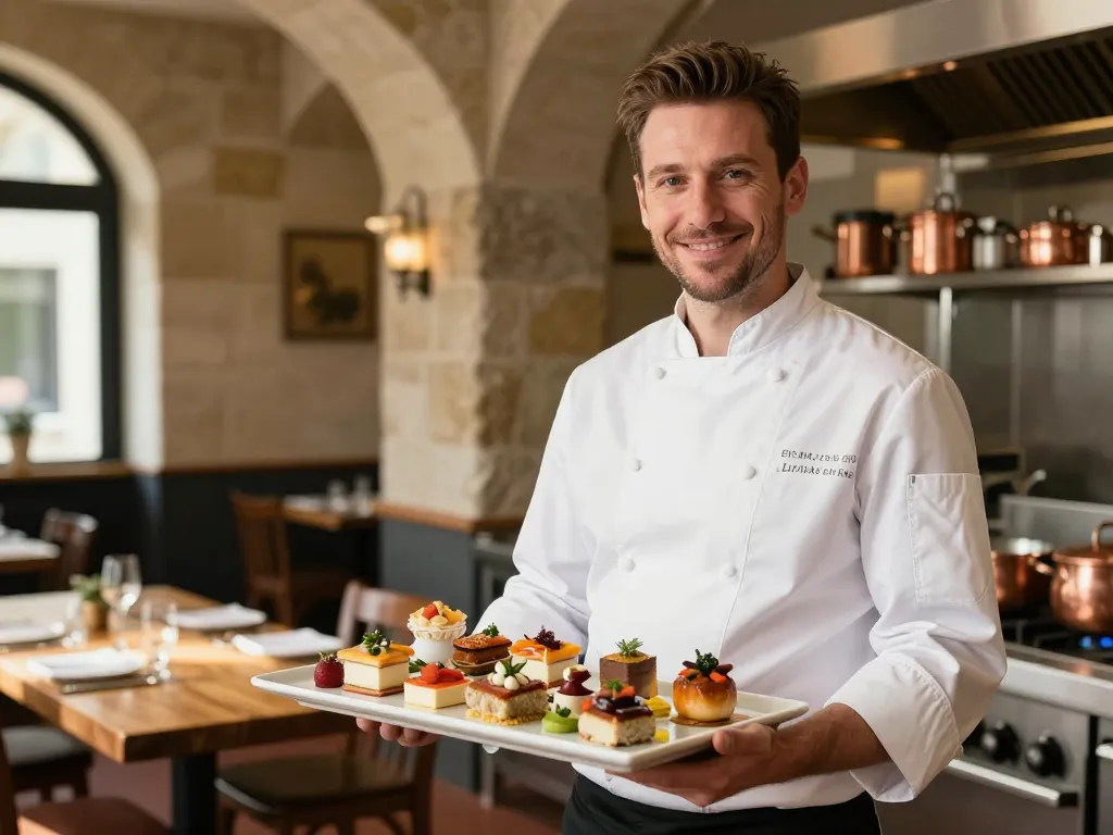 Chef traiteur lyonnais d'origine européenne présentant un plateau de spécialités gastronomiques dans un cadre authentique.
