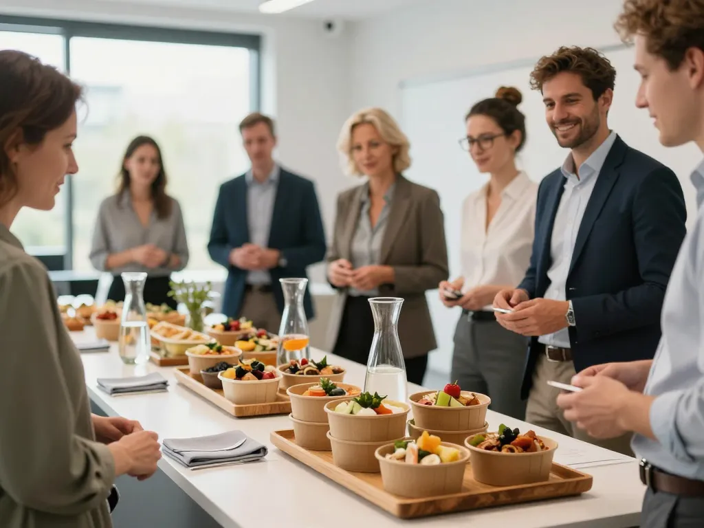 Buffet traiteur écoresponsable lors d'un séminaire d'entreprise à Techlid, présentant des spécialités lyonnaises et des emballages durables.