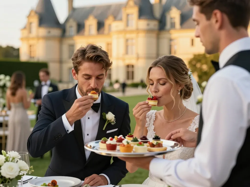 Couple de mariés savourant des amuse-bouches gastronomiques lors d'une réception de mariage haut de gamme dans les Monts d'Or.