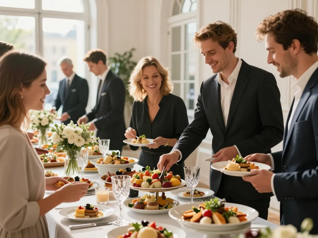 Buffet gastronomique généreux d'un traiteur lyonnais lors d'un événement prestigieux avec des invités caucasiens souriants.