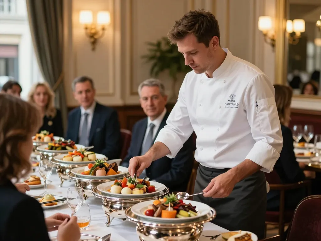 Buffet de traiteur haut de gamme à Lyon avec un chef présentant des spécialités gastronomiques lors d'une réception prestigieuse.