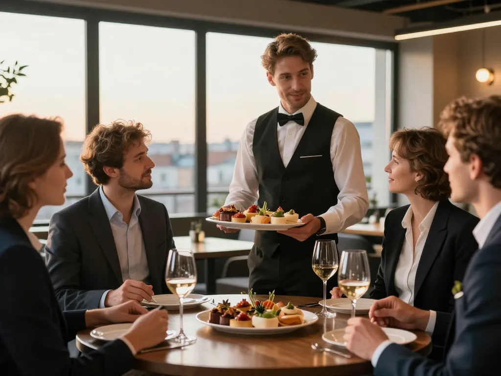 Collaborateurs en tenue élégante dégustant des pièces de traiteur lyonnais lors d'un cocktail dînatoire d'entreprise à Lyon.