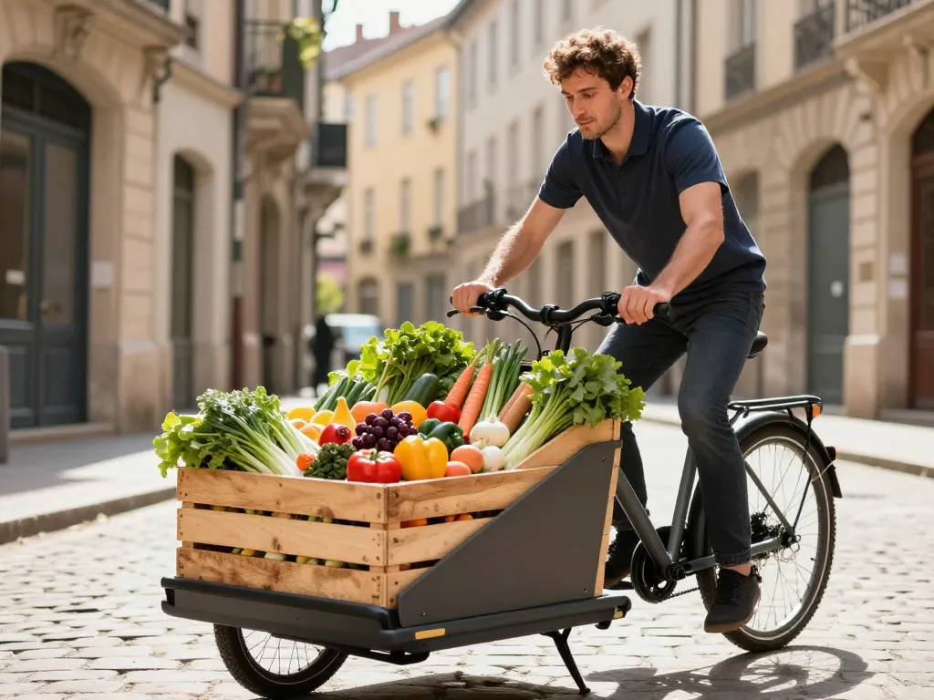 Livraison écoresponsable de produits locaux par un traiteur lyonnais en vélo cargo dans le centre-ville.