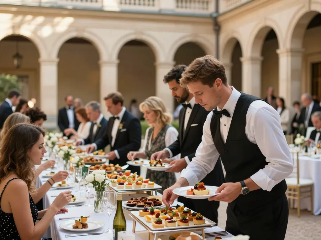 Traiteur professionnel servant des invités lors d'une réception de mariage élégante dans un cadre historique à Lyon.