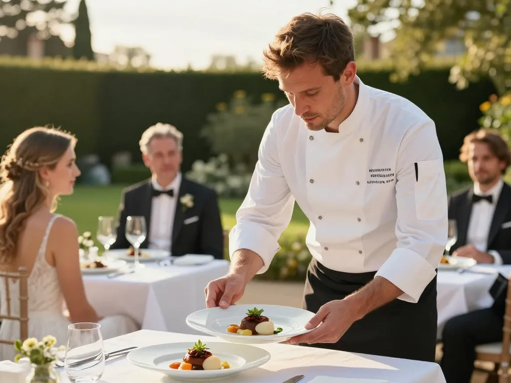 Chef traiteur professionnel présentant un plat de gastronomie lyonnaise lors d'un mariage en Rhône-Alpes.