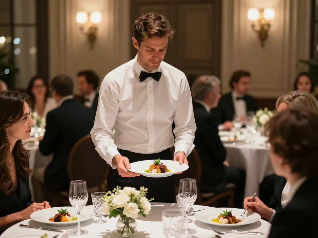 Service traiteur professionnel et plat gastronomique lors d'un mariage de luxe à Lyon.