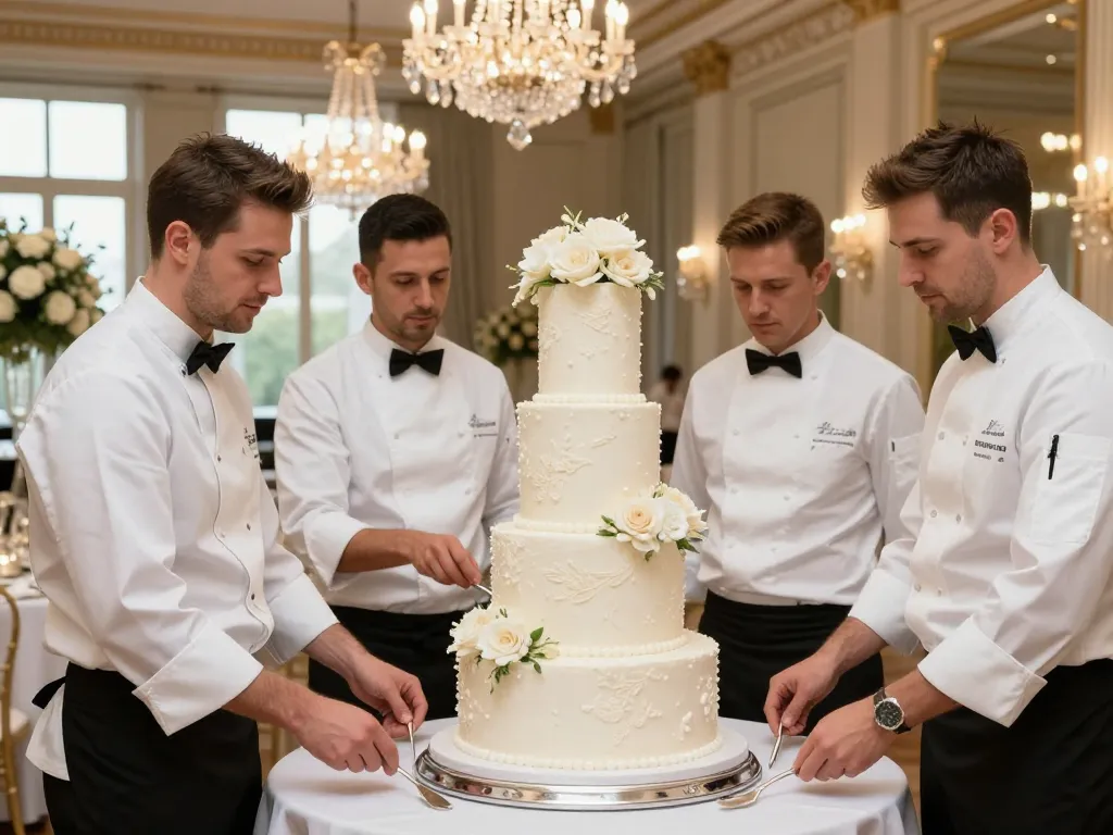 Équipe de traiteur lyonnais installant avec précision un wedding cake de prestige dans un château, illustrant le service de logistique totale.