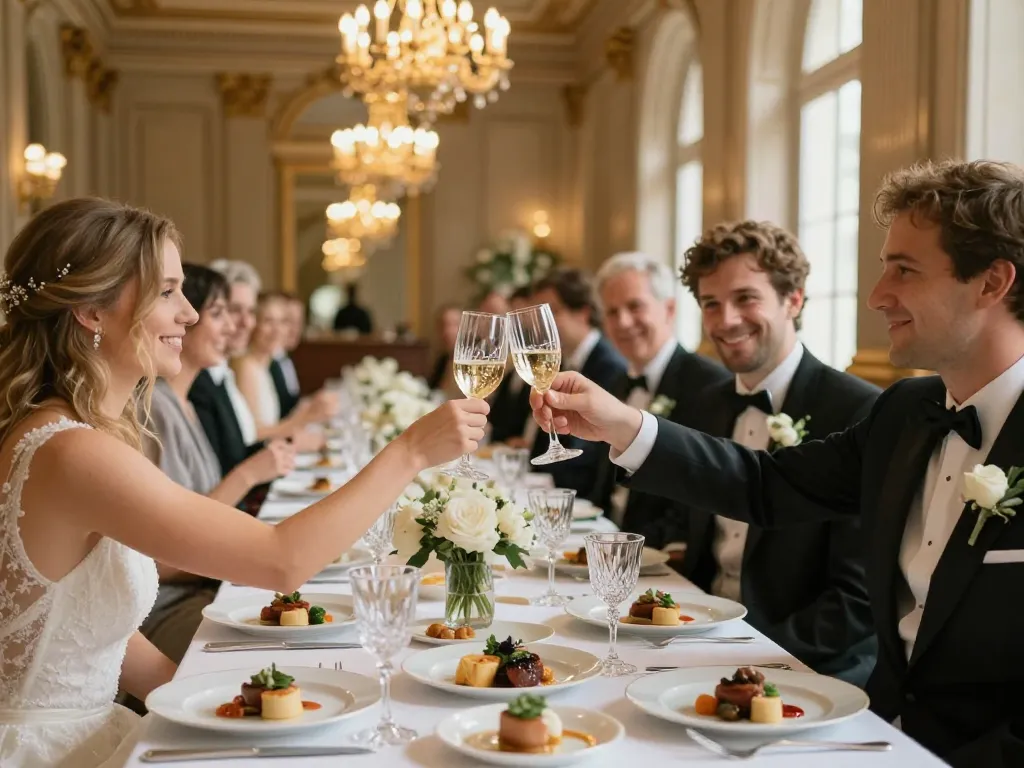 Réception de mariage élégante à Lyon avec un buffet de gastronomie lyonnaise et des mariés célébrant dans un salon historique.