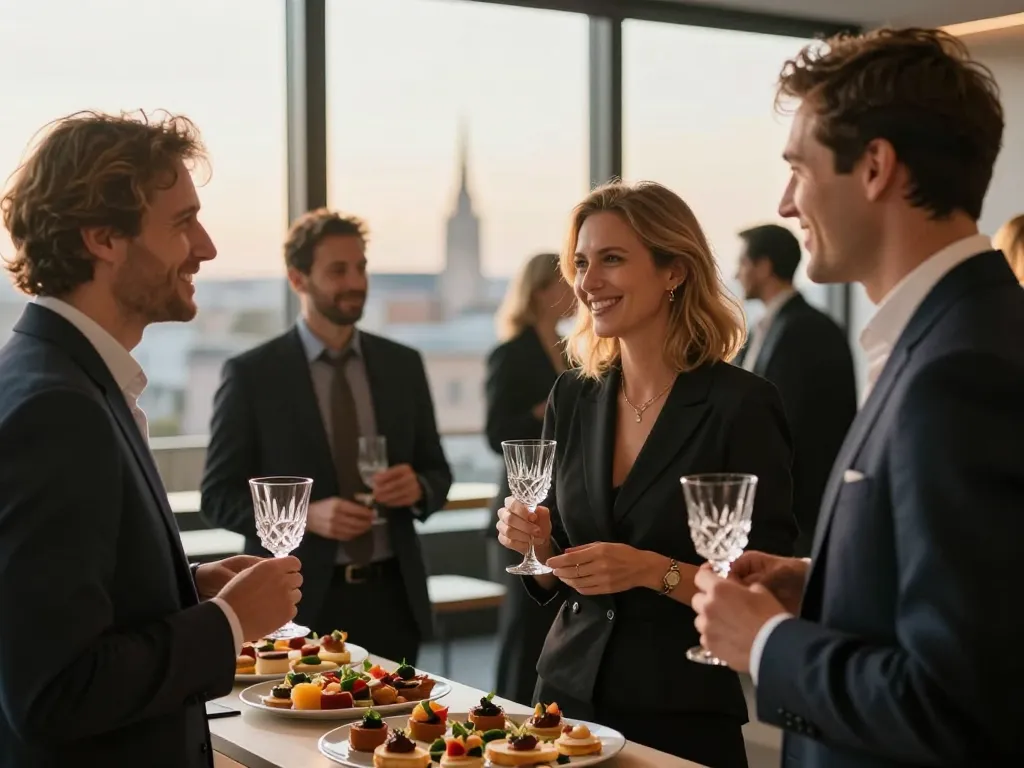 Réception traiteur pour entreprise à Lyon avec buffet de gastronomie lyonnaise et invités professionnels en tenue d'affaires.