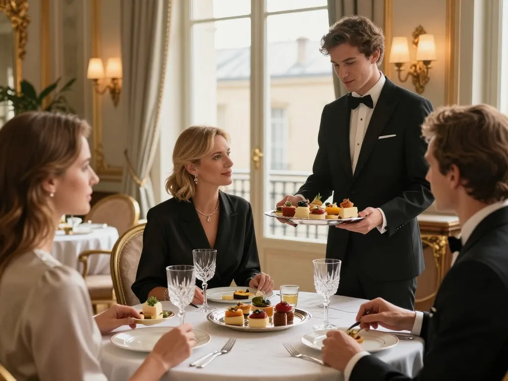 Réception de prestige à Lyon 6 avec un serveur présentant des amuse-bouches gastronomiques à des invités élégants dans un salon luxueux.