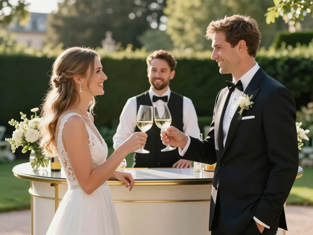 Couple de mariés caucasiens trinquant devant un bar à cocktails lors d'un vin d'honneur élégant à Lyon.